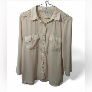 Forever 21 Cream Button Down Shirt with Lace Detail